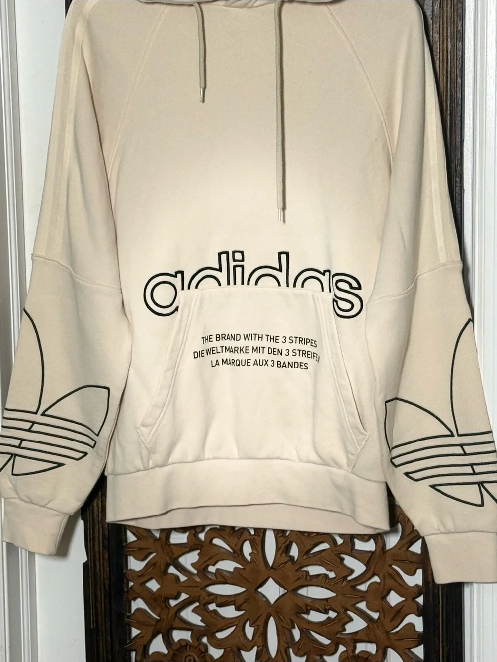 Adidas Originals Tricolor Graphic Hoodie Cream Pullover Sweatshirt Men’s S